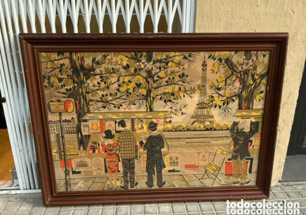 Art: Tapiz franc&eacute;s pintado de pared &ndash; Par&iacute;s con Torre Eiffel &ndash; firmado J. C. Bissery &ndash; vintage