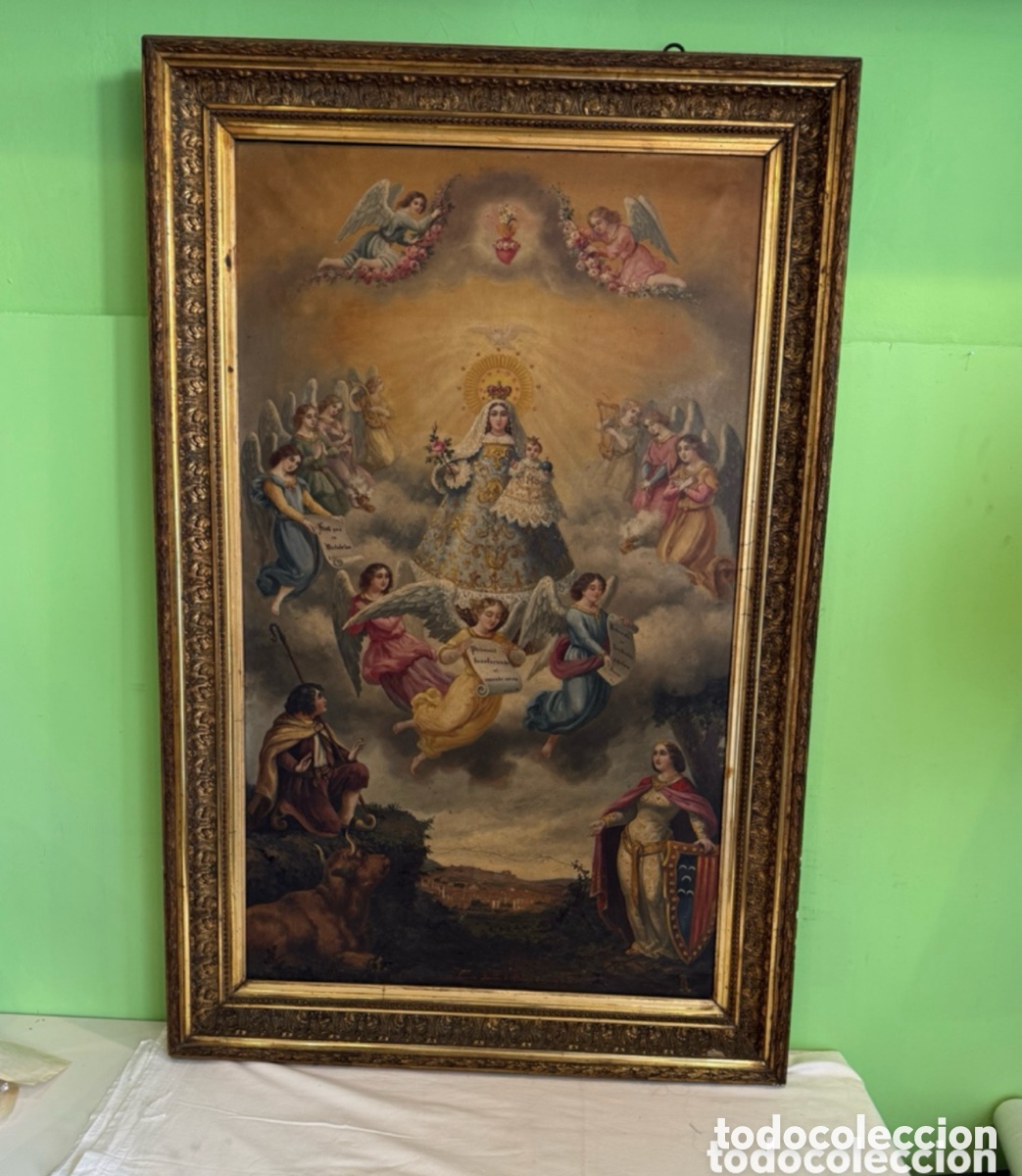 Arte: &oacute;leo sobre lienzo coronaci&oacute;n de la virgen firmado Laureano Mercader a&ntilde;os 1886. (134X88 cm )
