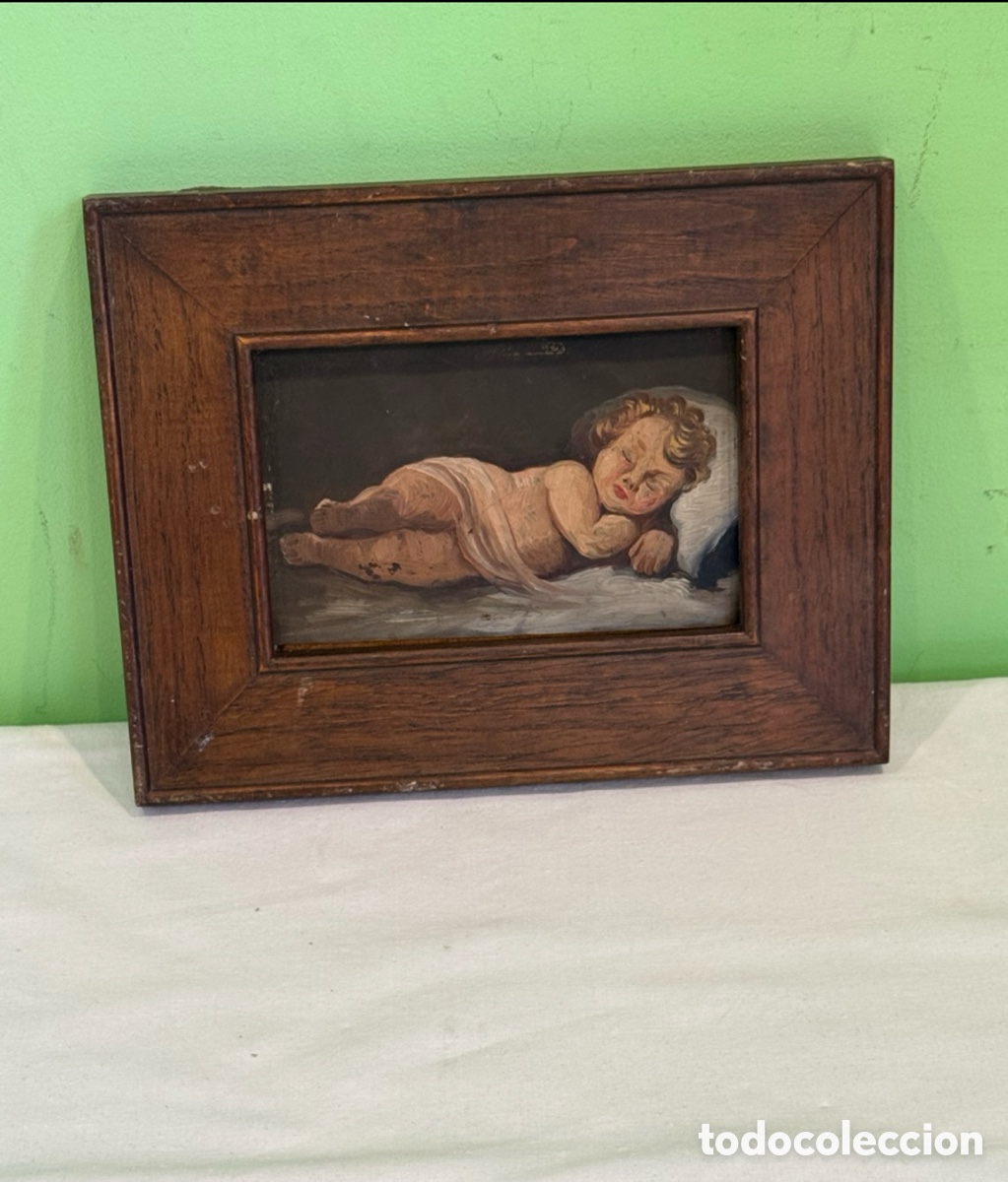 Arte: Antigua pintura &oacute;leo sobre cobre - Ni&ntilde;o durmiendo - Escuela europea s.XVIII/XIX.