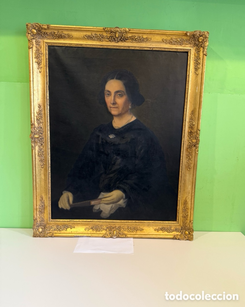 Kunst: Antiguo retrato femenino al &oacute;leo sobre lienzo &ndash; Escuela siglo XIX &ndash; Gran formato (107X87 cm).