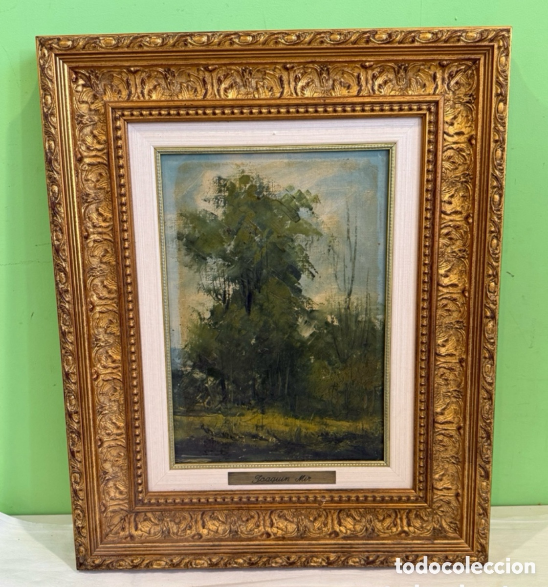 Kunst: &Oacute;leo sobre lienzo &ndash; Paisaje firmado Joaquim Mir &ndash; Escuela catalana &ndash; Gran marco dorad