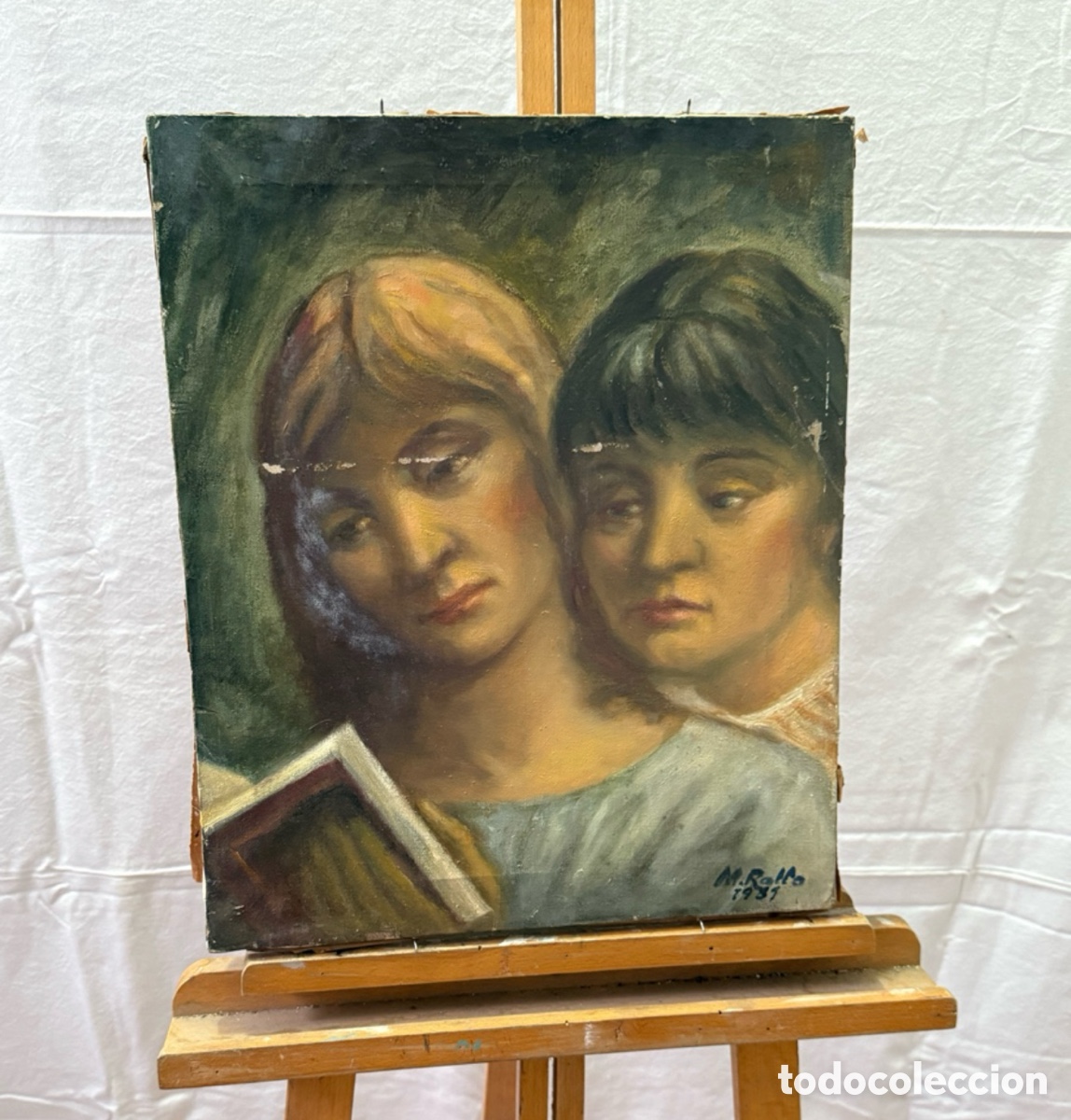 Kunst: Manuel Rallo i Bono (Morella 1911 - Sabadell 1982) Retrato de j&oacute;venes leyendo.&Oacute;leo sobre lienzo