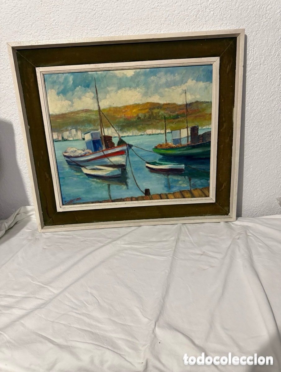 Art: &Oacute;leo sobre lienzo paisaje marinero con barcas en puerto - firmado