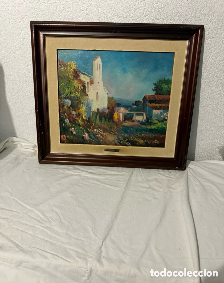 Arte: &Oacute;leo sobre lienzo &rdquo;Paisaje de Vilanova&rdquo; &mdash; firmado Valles у enmarcado - paisaje mediterr&aacute;neo