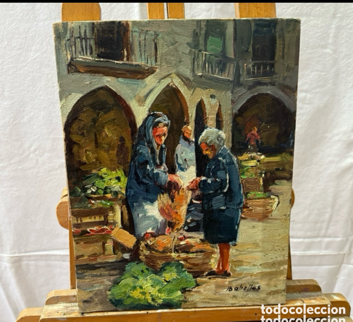 Art: Salvador Baliellas - Escena de mercado tradicional - &oacute;leo sobre lienzo firmado - Olot Barcelona.