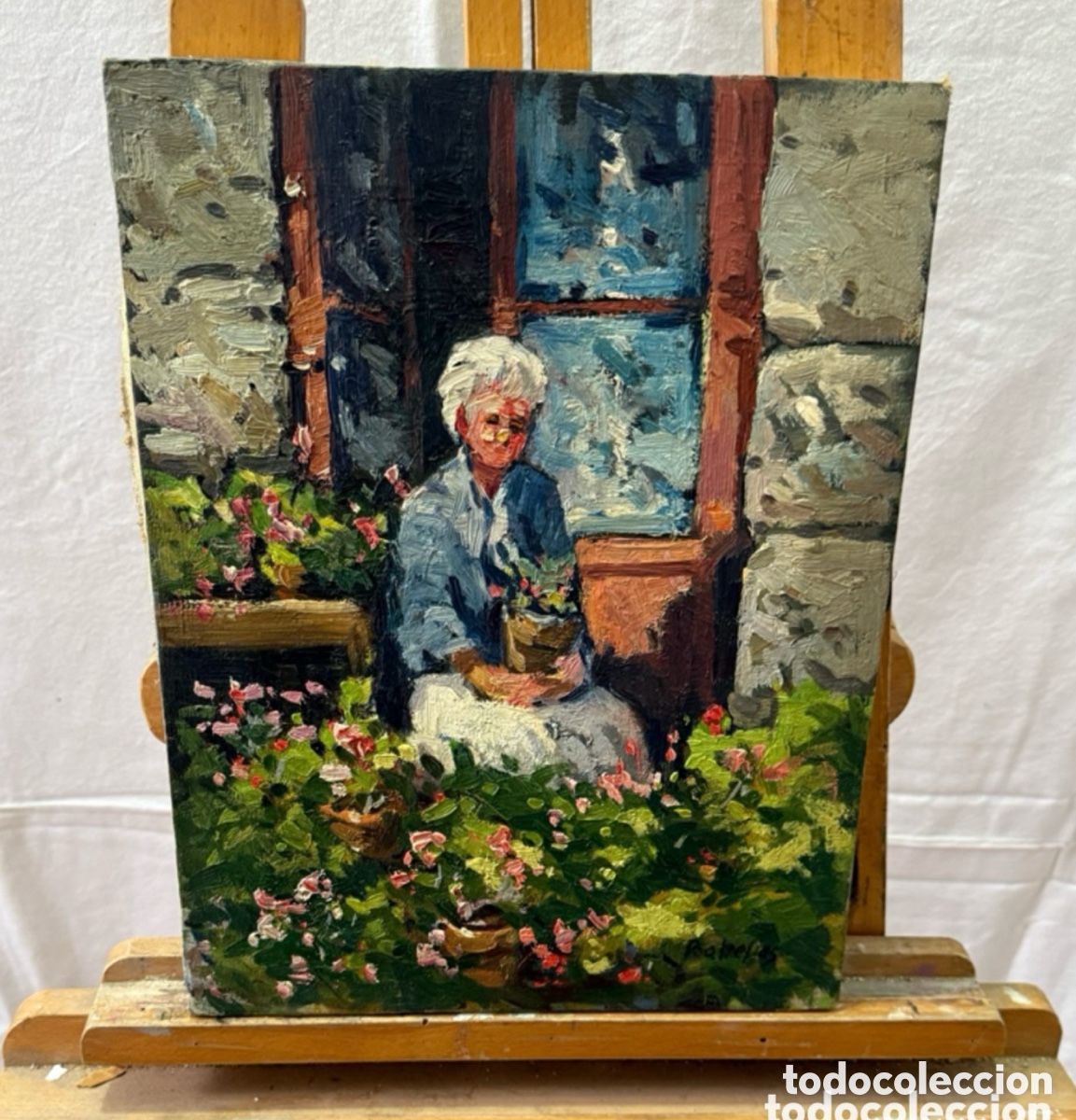 Kunst: Salvador Baliellas - Escena costumbrista con mujer y flores. Lienzo. Escuela de Olot.