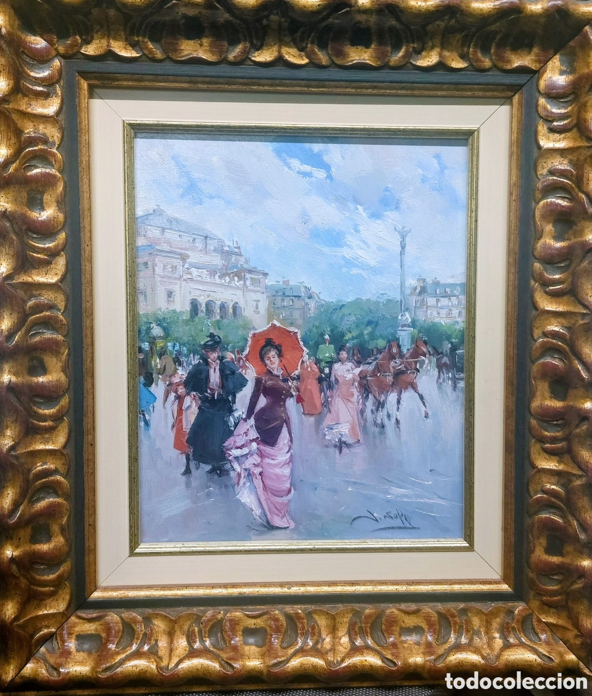 Arte: JUAN SOLER OLEO TELA 27X22 MAS MARCO PARIS PASEANDO POR EL BOULEVARD