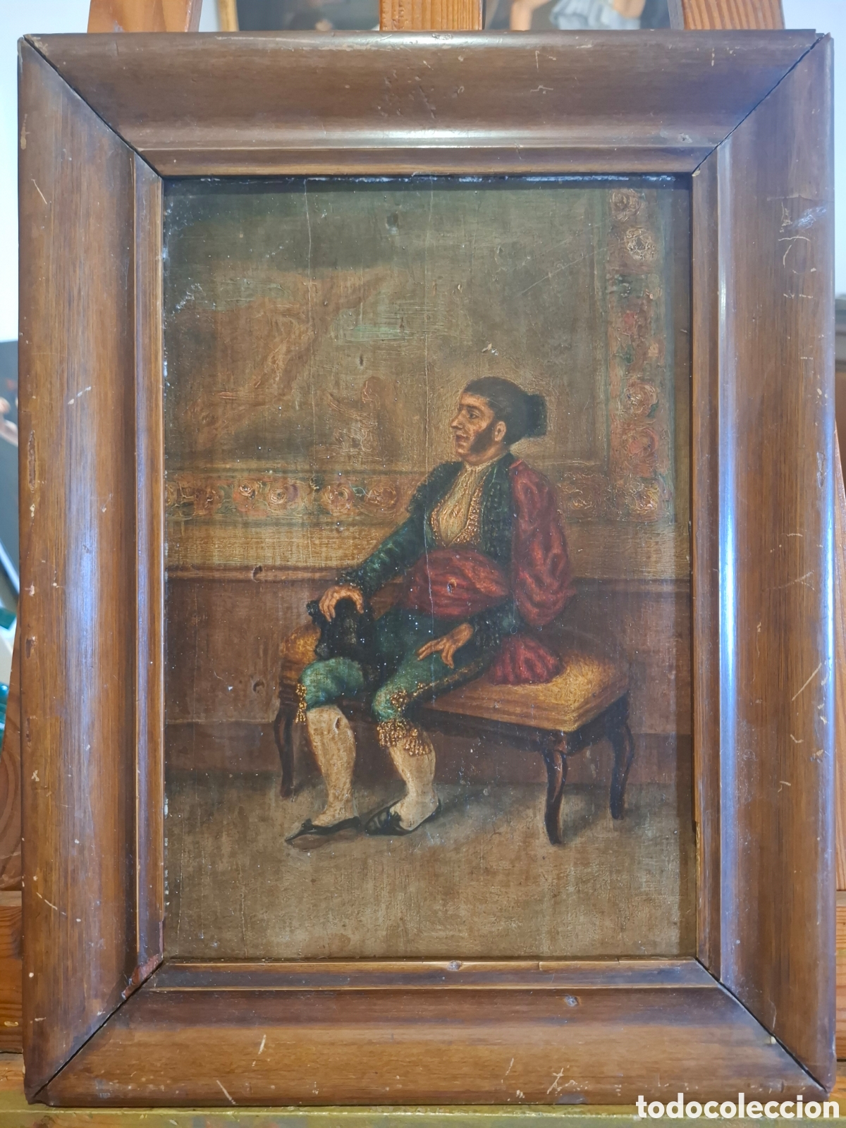 Arte: Cuadro goyesco siglo xix pareja en tabla 41x31