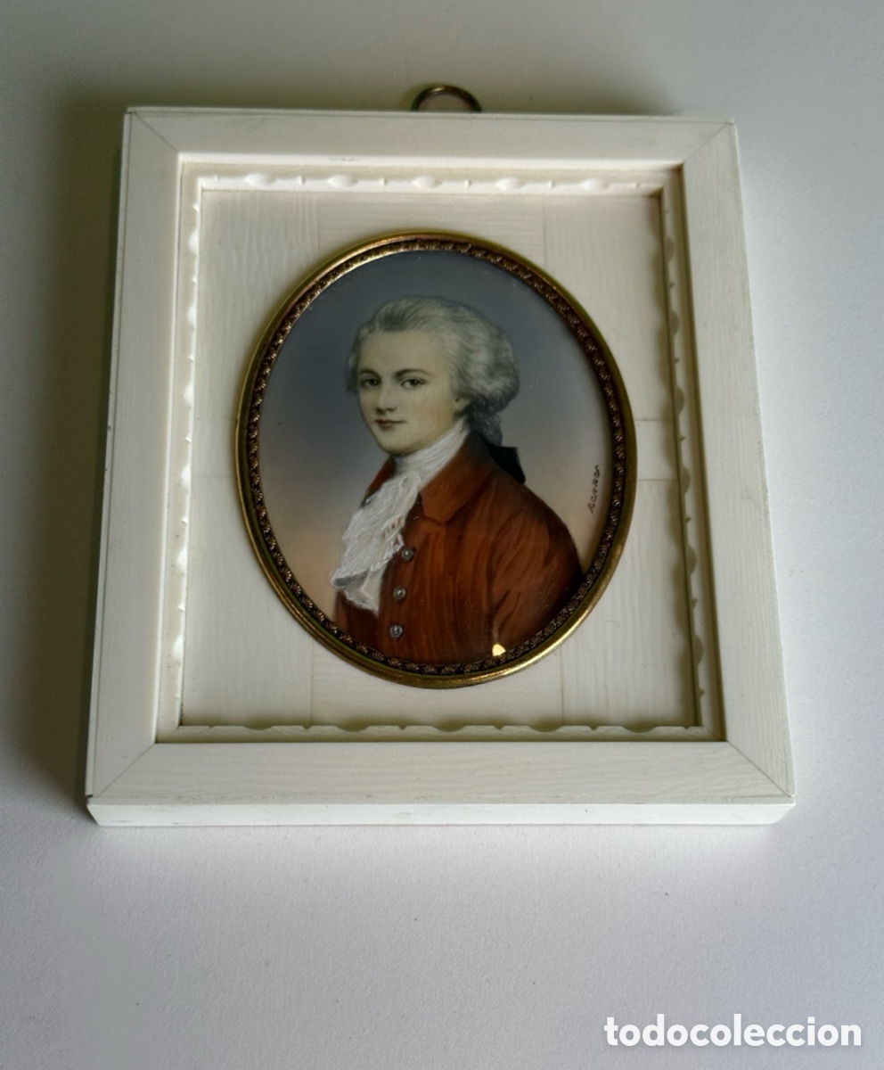 Arte: Antigua miniatura retrato sobre marfil pintada a mano &ndash; siglo XIX &ndash; obra firmada