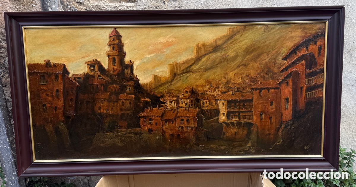 Arte: Paisaje pueblo medieval. &Oacute;leo/ lienzo. Firmado. 143x 73cm con marco