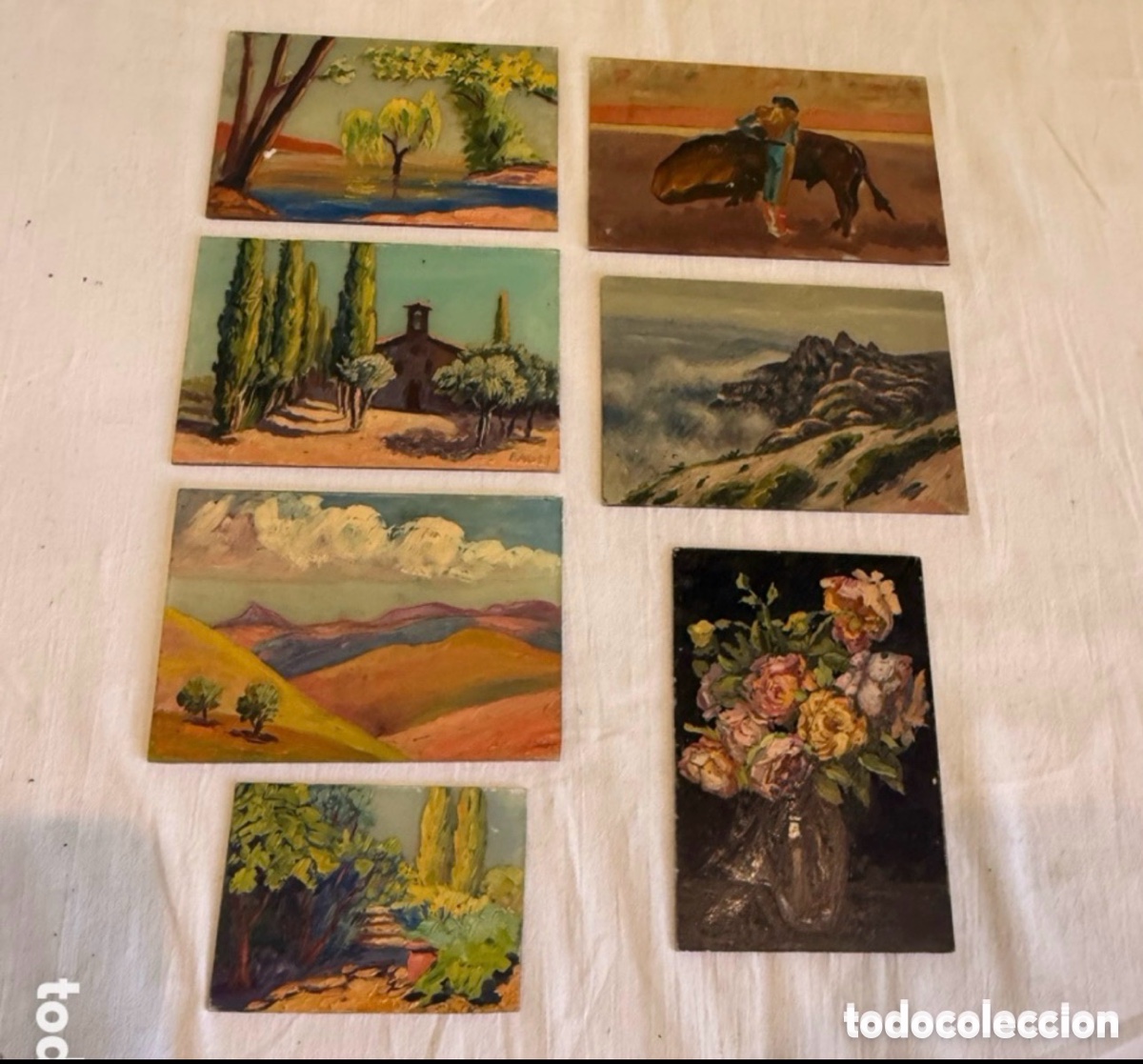 Art: Lote de 7 oleos pintados sobre cristales. Unos firmados y otros no . Ver las medidas en fotos.