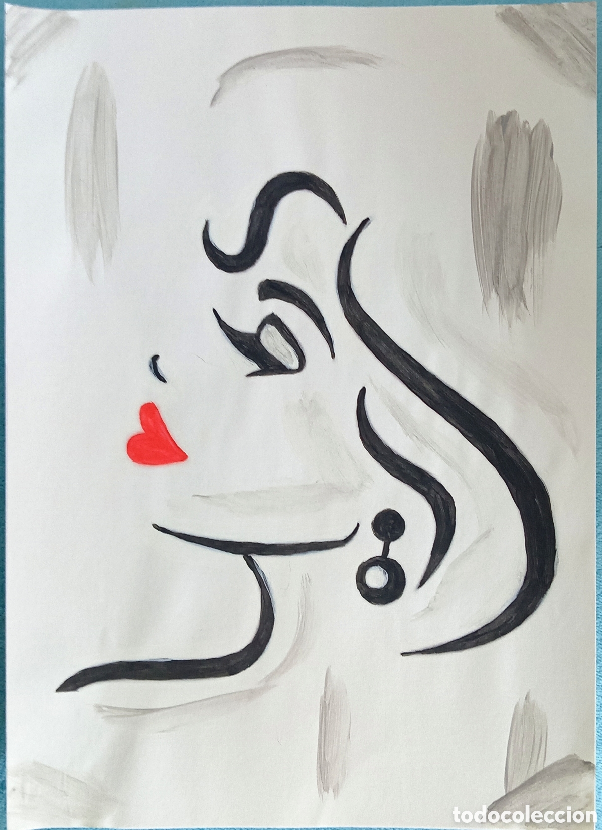 Arte: Original pintura mujer con flequillo (6) t&eacute;cnica mixta acuarela, acr&iacute;lico sobre papel doble 29,6cm..