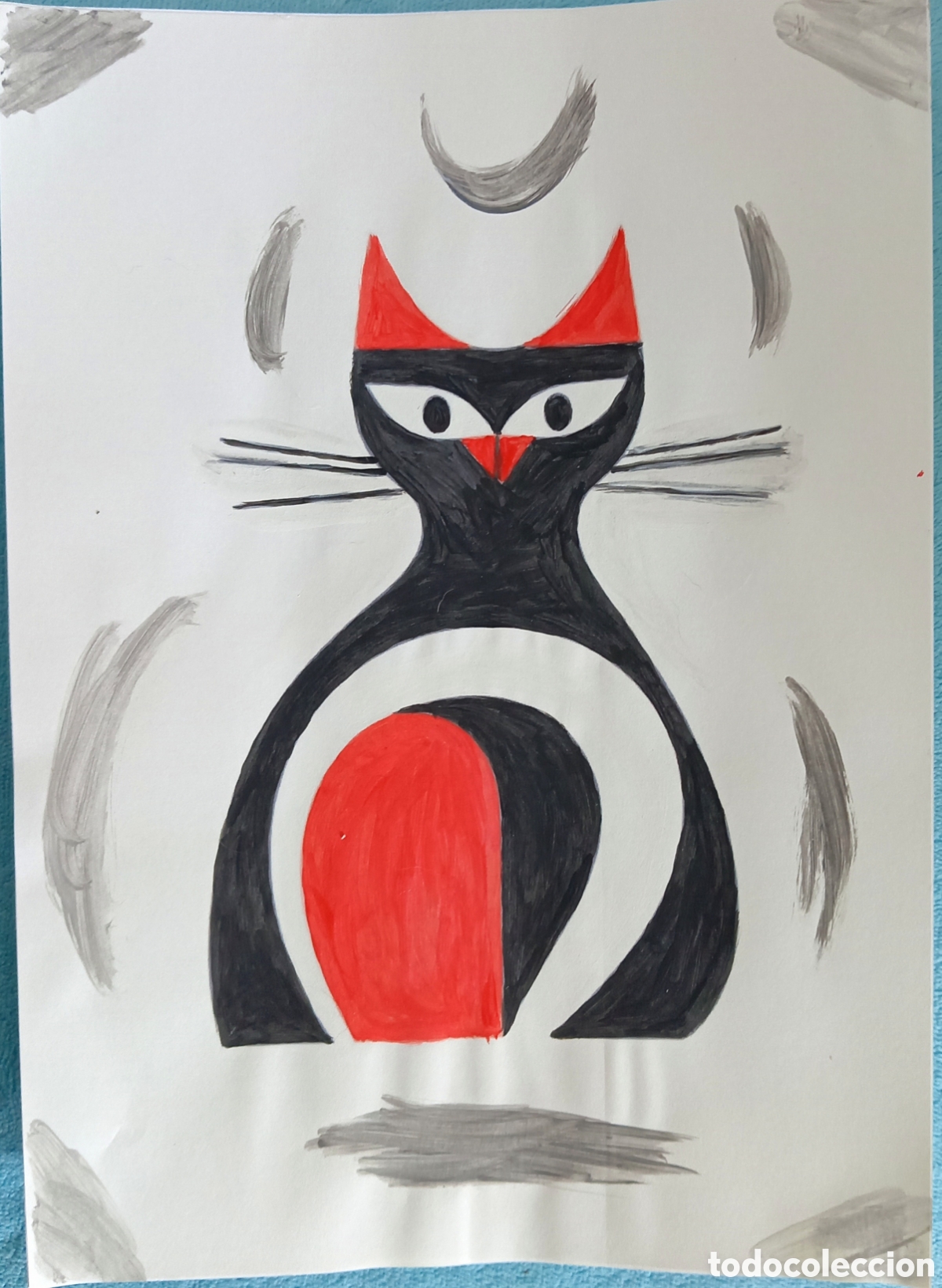 Arte: Original pintura gato trazos (9) (t&eacute;cnica mixta) acuarela y acr&iacute;lico sobre papel doble 29,6cm x 21cm