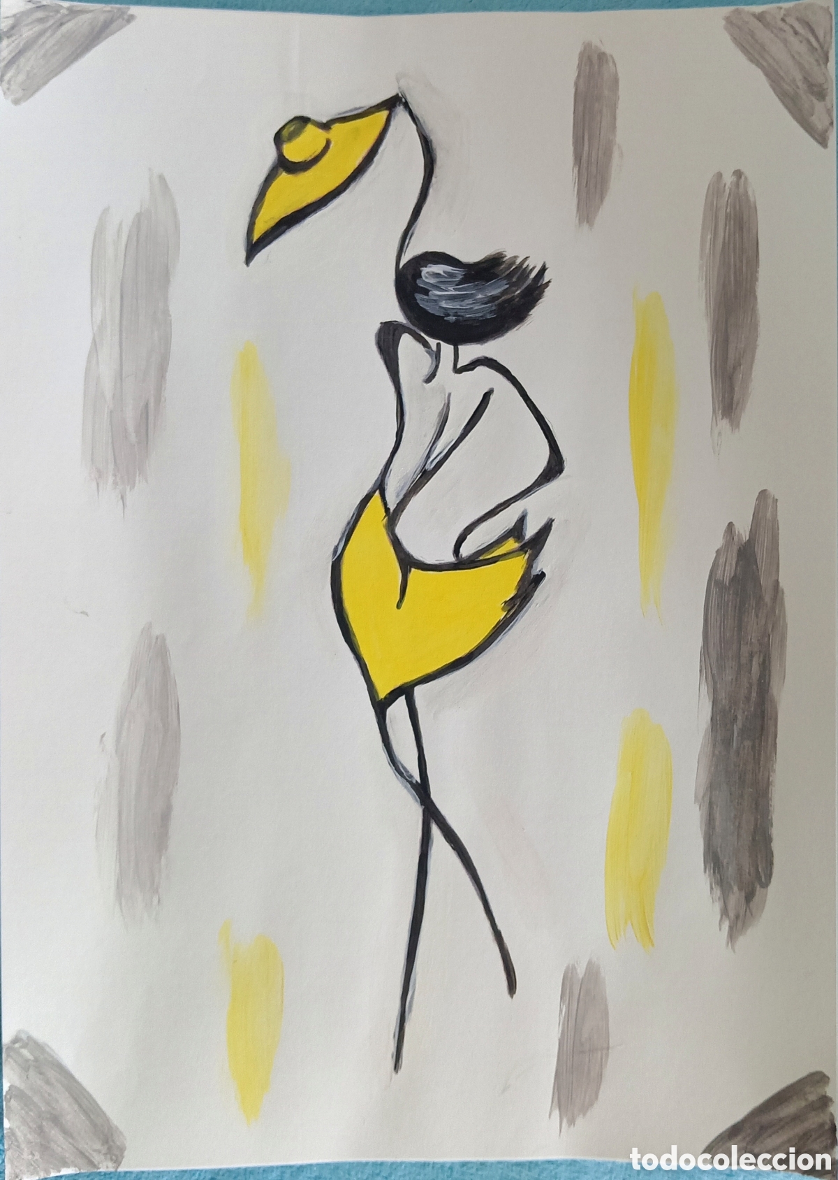 Arte: Original pintura mujer de amarillo con sombrero (1) acuarela sobre papel doble 29,6cm x 21cm.