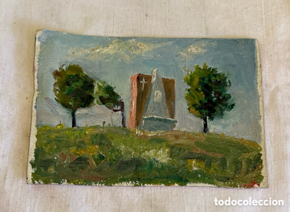 Art: Arturo Mart&iacute;nez Cabezas &oacute;leo sobre lienzo paisaje con ermita y &aacute;rboles pintura original