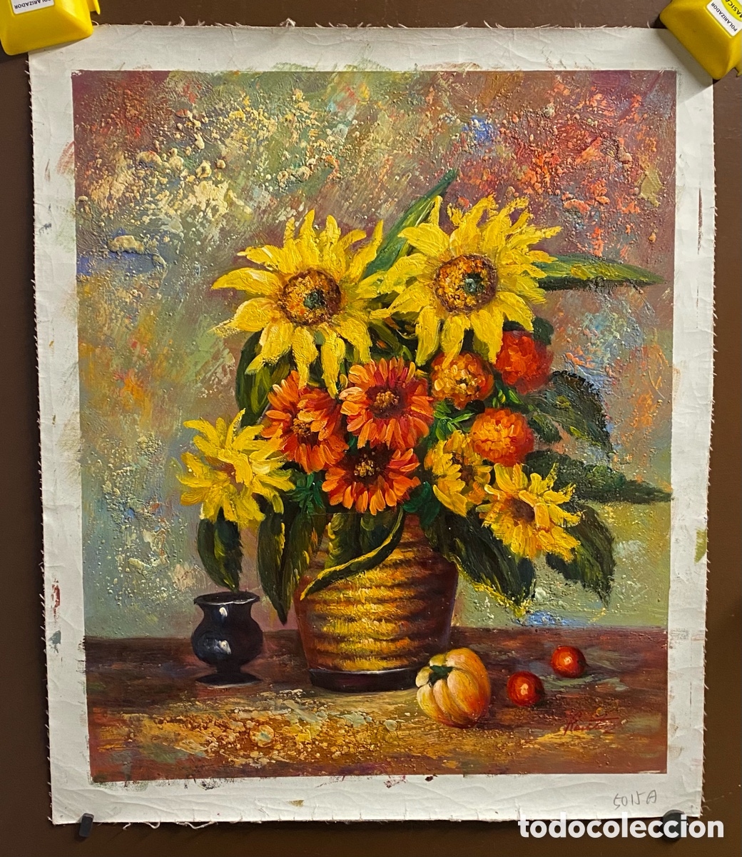 Arte: Bodeg&oacute;n girasoles y flores al &oacute;leo t&eacute;cnica impacto gran textura contempor&aacute;nea 61 x 51 cm