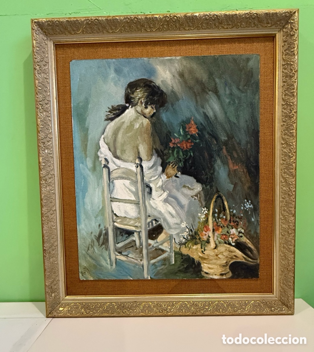 Kunst: &Oacute;leo sobre lienzo escena femenina con flores pintura figurativa siglo XX firmada.