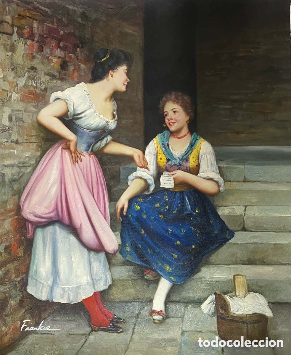 Kunst: &Oacute;leo sobre lienzo escena costumbrista con dos mujeres conversado sobre una carta de amor - poes&iacute;a