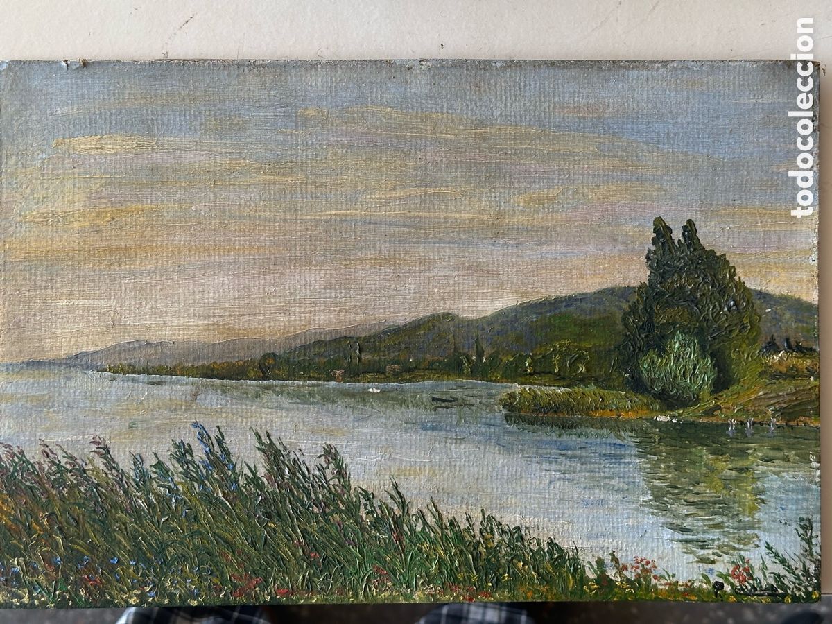 Art: PAISAJE FLUVIAL CON VEGETACI&Oacute;N &ndash; &Oacute;leo sobre cart&oacute;n &ndash; Escuela impresionista, s. XIX-XX
