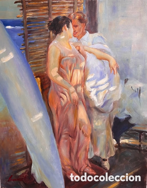 Kunst: &Oacute;leo sobre lienzo La bata rosa despu&eacute;s del ba&ntilde;o Joaqu&iacute;n Sorolla 52 x 42 cm