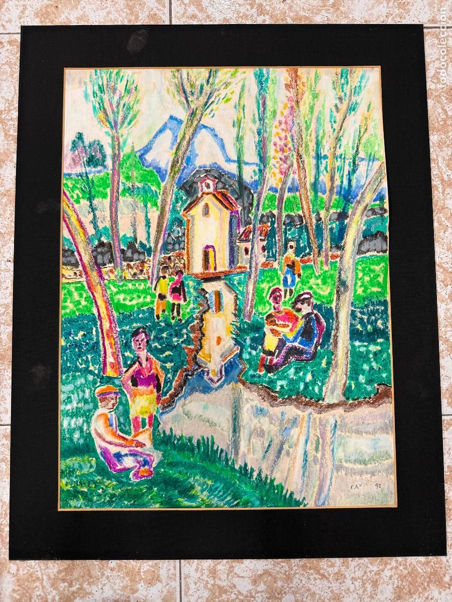 Arte: Encantador dibujo,oleo o cera sobre papel de PAXINC. ESTEVE SERRAT. Olot. A&ntilde;os 90 Mide 48x34cms NA&Iuml;F