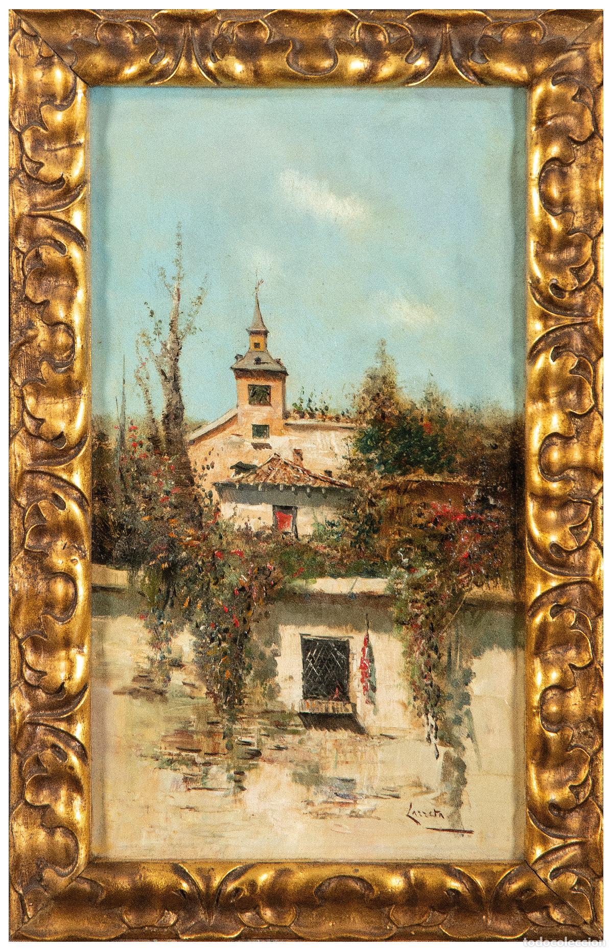 Arte: Paisaje de pueblo &oacute;leo sobre lienzo firmado Larreta escuela espa&ntilde;ola del siglo XIX