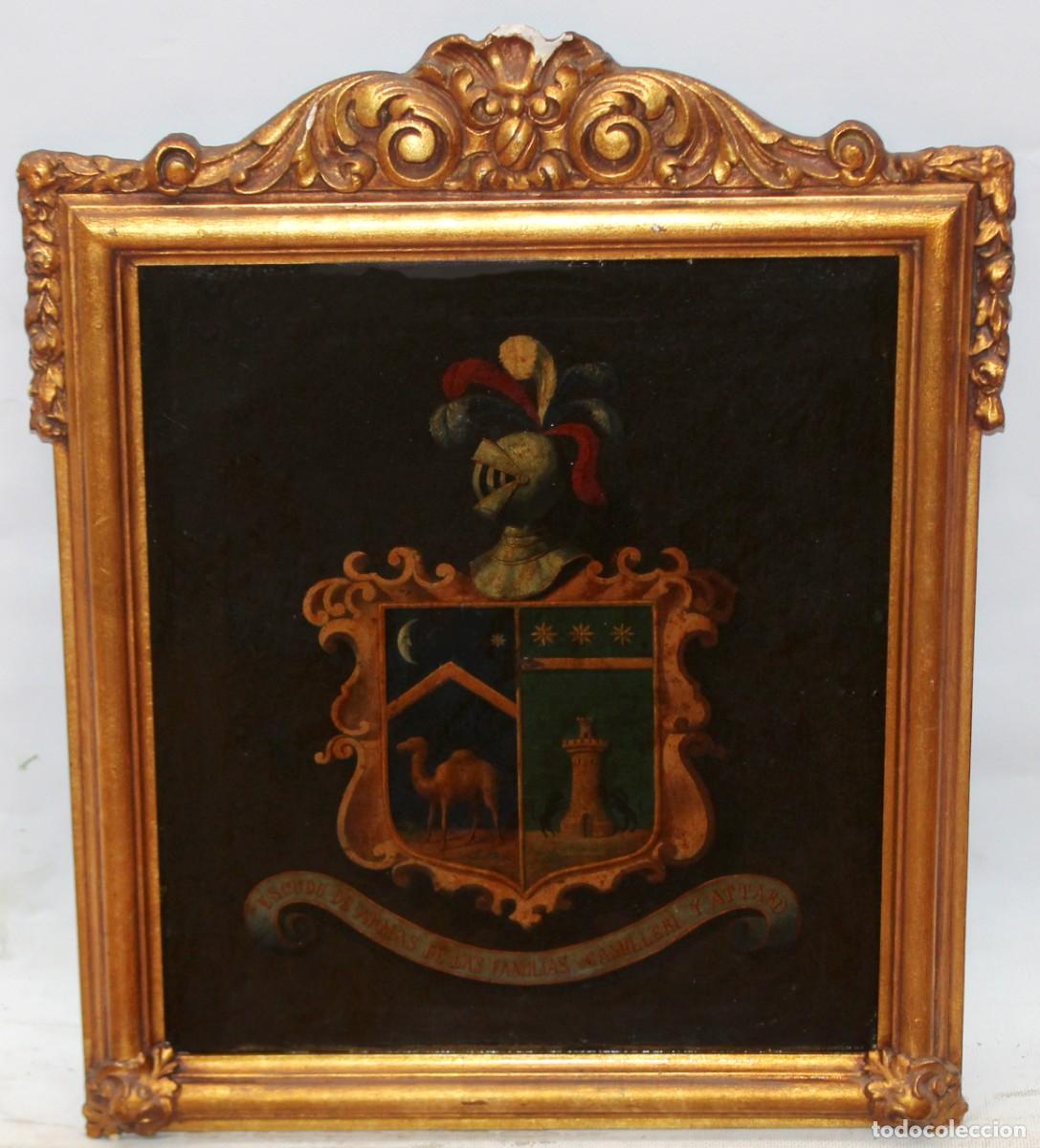 Arte: ESCUELA ESPAÑOLA (SIGLO XIX) OLEO SOBRE TELA. ESCUDO DE ARMAS DE LAS FAMILIAS CAMILLERI Y ATTARD