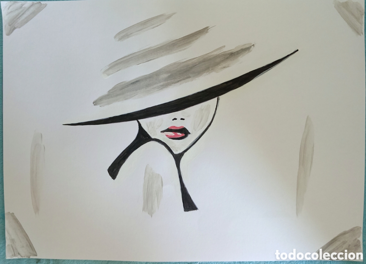 Kunst: Original pintura mujer con sombrero (12) (t&eacute;cnica mixta) acuarela y acr&iacute;lico sobre cartulina....