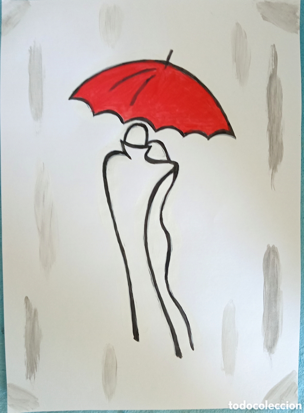 Kunst: Original pintura pareja con paraguas (1) (t&eacute;cnica mixta) acuarela y acr&iacute;lico sobre cartulina....