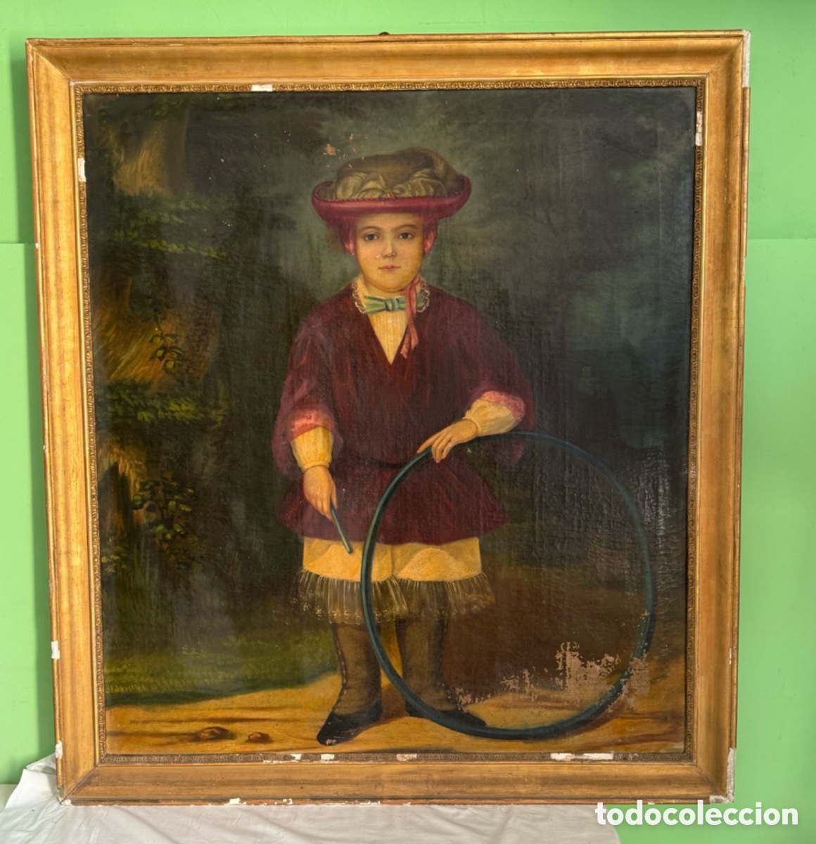 Arte: Curiosa obra a estudiar. &Oacute;leo retrato ni&ntilde;o con aro s. XIX. Escuela europea posiblemente catalana.