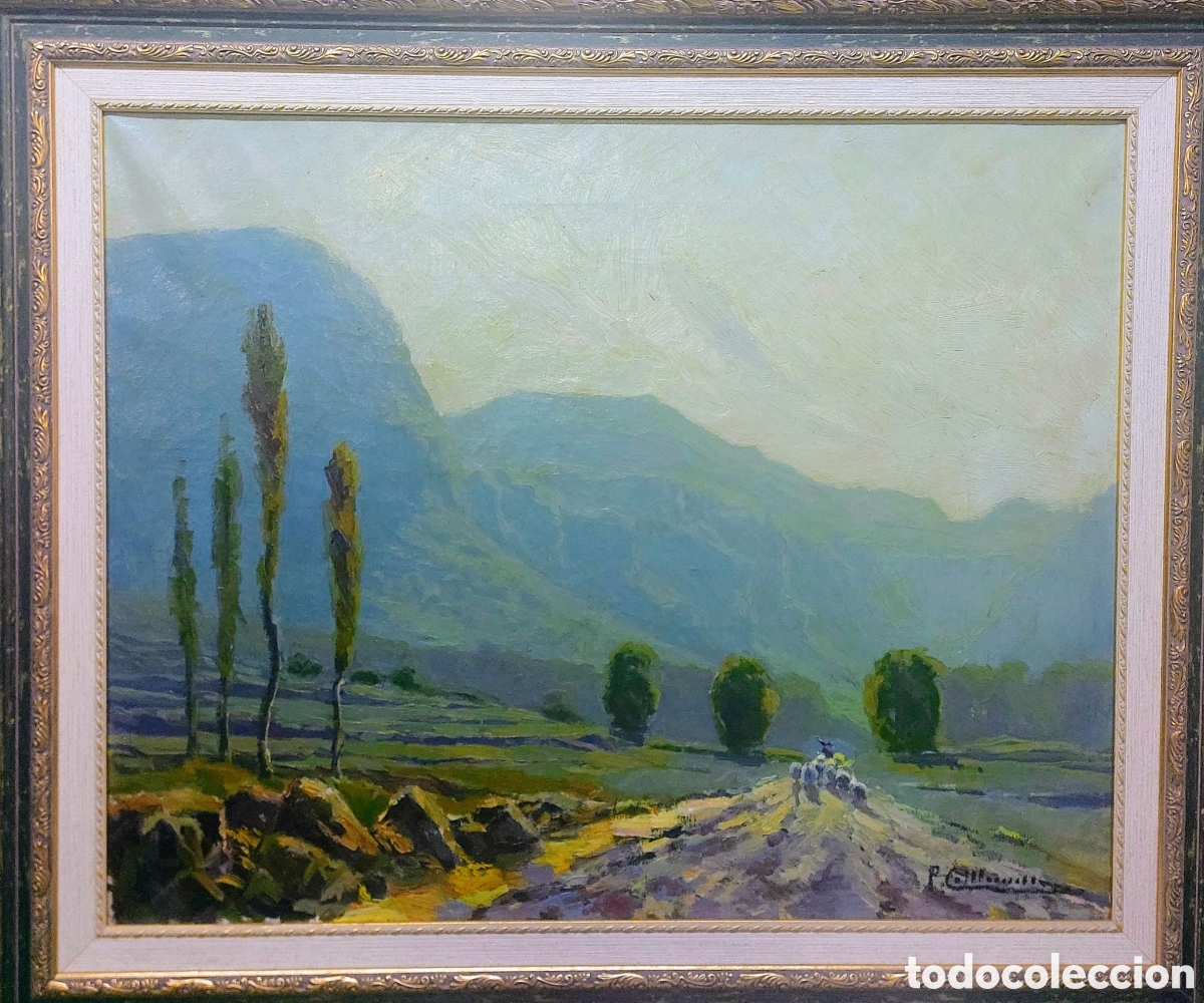 Arte: COLLDECARRERA OLEO TELA ANTIC 65X81 PAISAJE CON PASTOR MAS MARCO