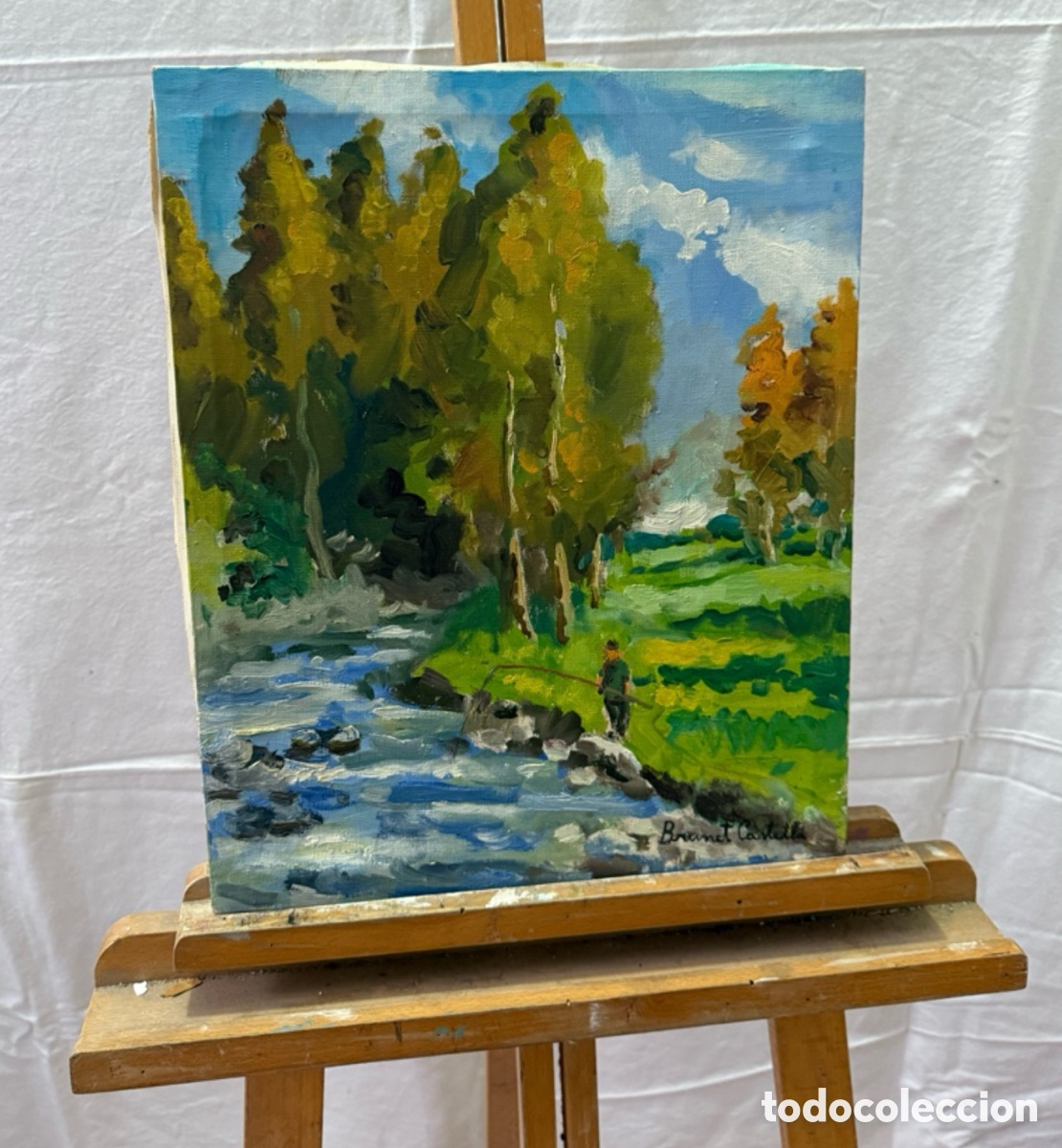 Art: &Oacute;leo paisaje con r&iacute;o y pescador. Pintura paisajista siglo XX firmada Brunet Castells,