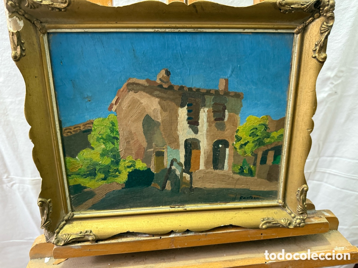 Arte: &Oacute;leo paisaje con casa rural firmado Carlos. Escuela espa&ntilde;ola siglo XX