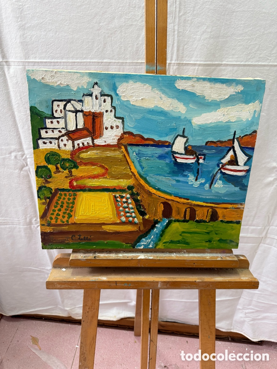 Arte: Paisaje mediterr&aacute;neo con puerto y pueblo. &Oacute;leo sobre lienzo firmado Brunet Castell&aacute; Mallorca