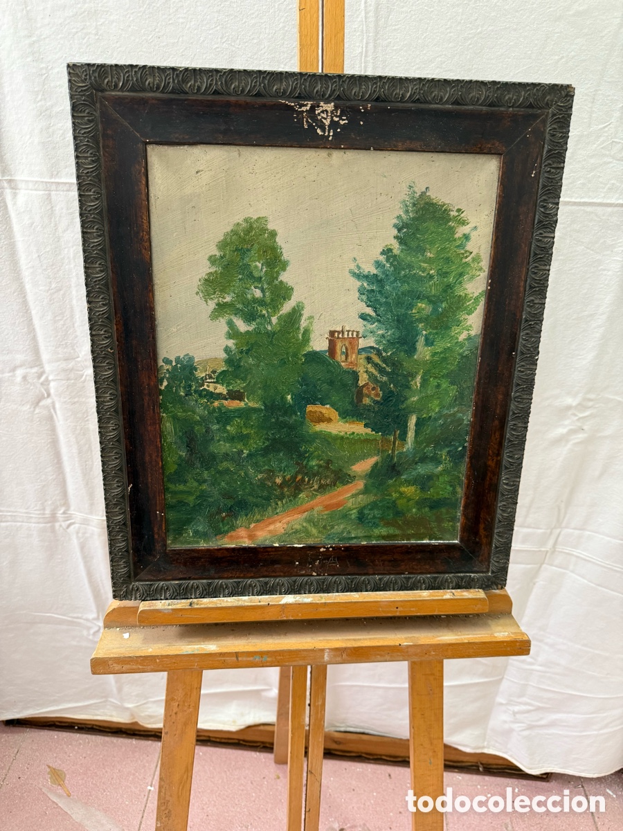 Kunst: Paisaje rural con torre entre &aacute;rboles. &Oacute;leo sobre lienzo. Marcado Bosch en el reverso