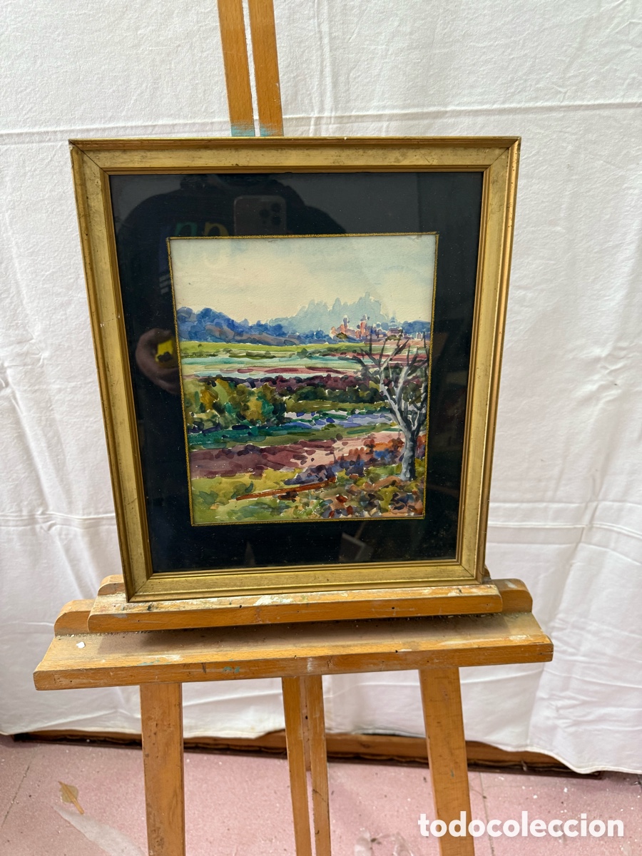 Kunst: Paisaje rural con pueblo al fondo. Acuarela sobre papel enmarcada