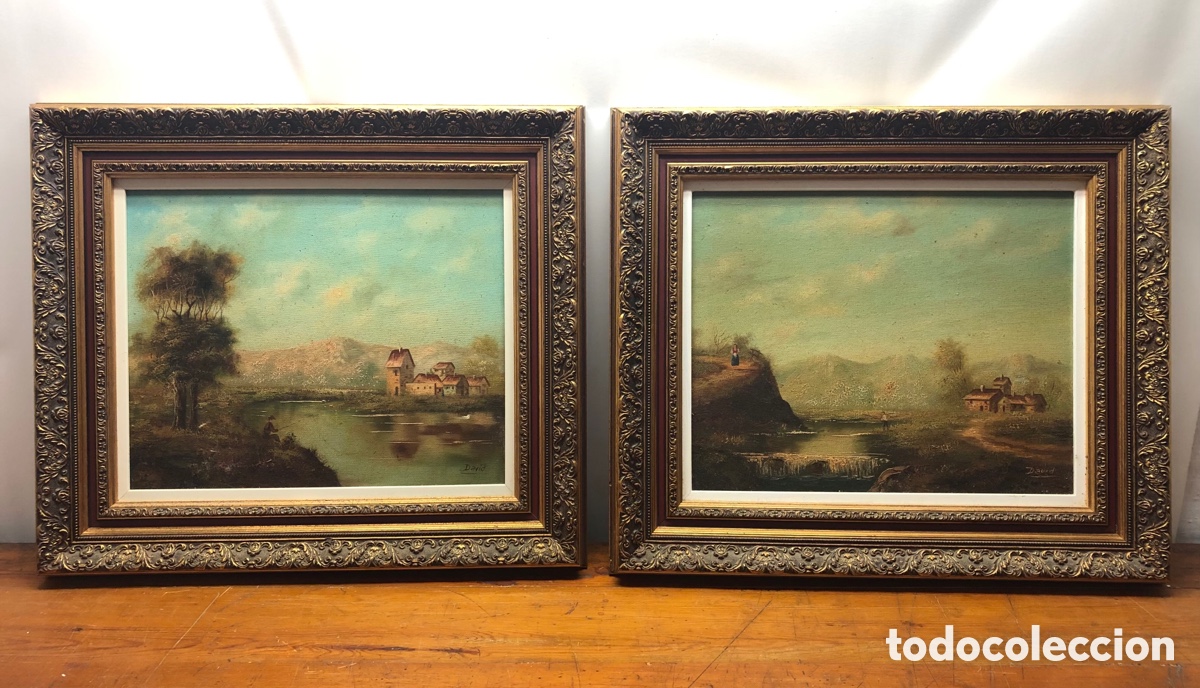 Art: Pareja de pinturas antiguas &bull; &oacute;leos sobre lienzo &bull; con espectaculares marcos
