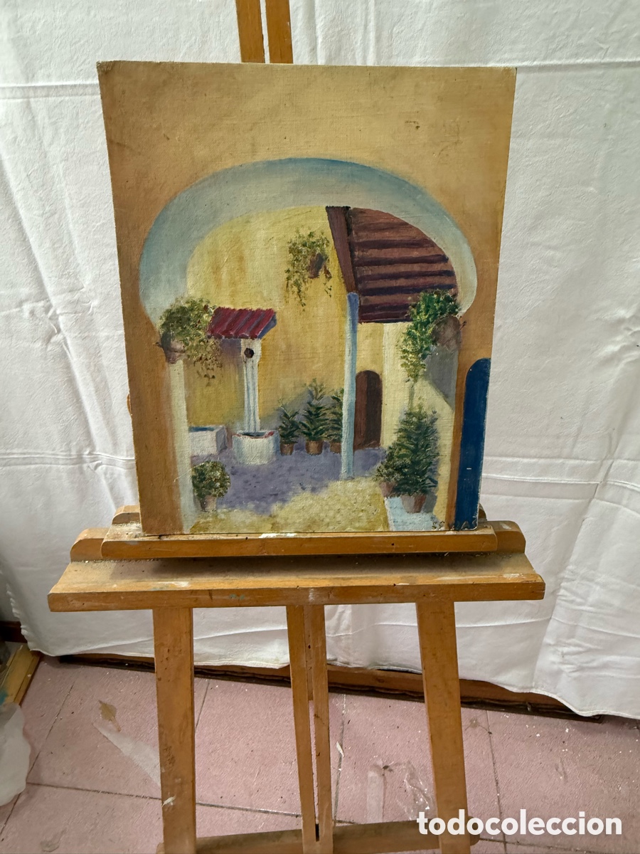 Art: &Oacute;leo firmado Patio andaluz con pozo y arquitectura mediterr&aacute;nea. Mediados siglo XX.