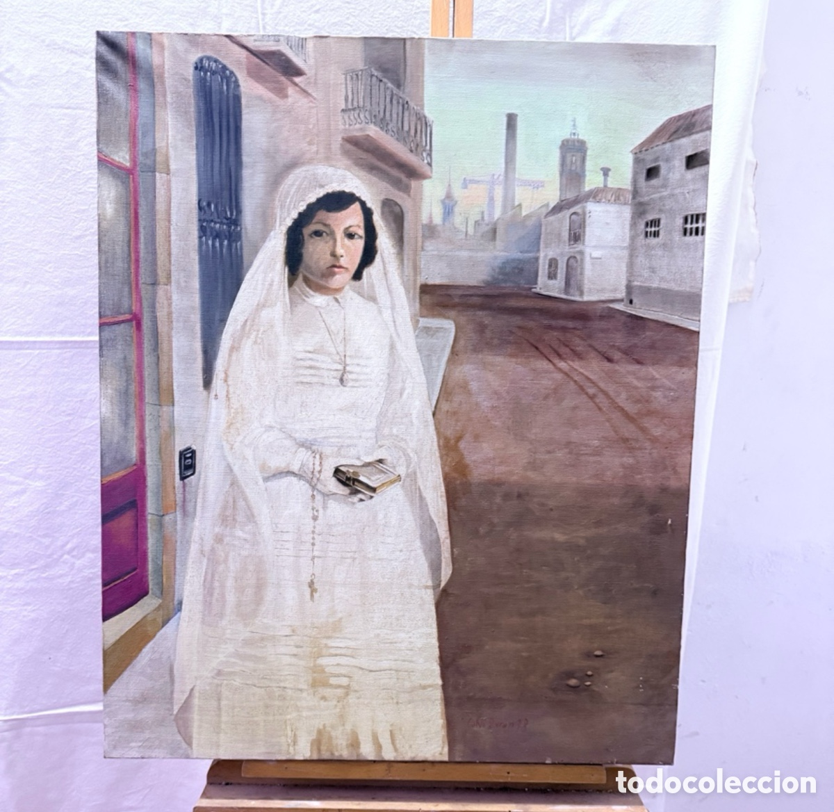 Arte: Ricard Calvo Dur&aacute;n &oacute;leo sobre lienzo 1978 retrato ni&ntilde;a de primera comuni&oacute;n paisaje urbano