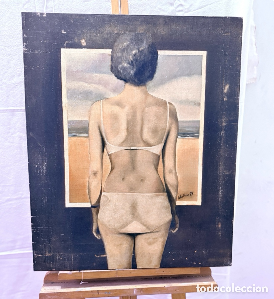 Arte: Ricard Calvo Dur&aacute;n &oacute;leo sobre lienzo &ldquo;Weird Weekend&rdquo; 1979 figura femenina playa