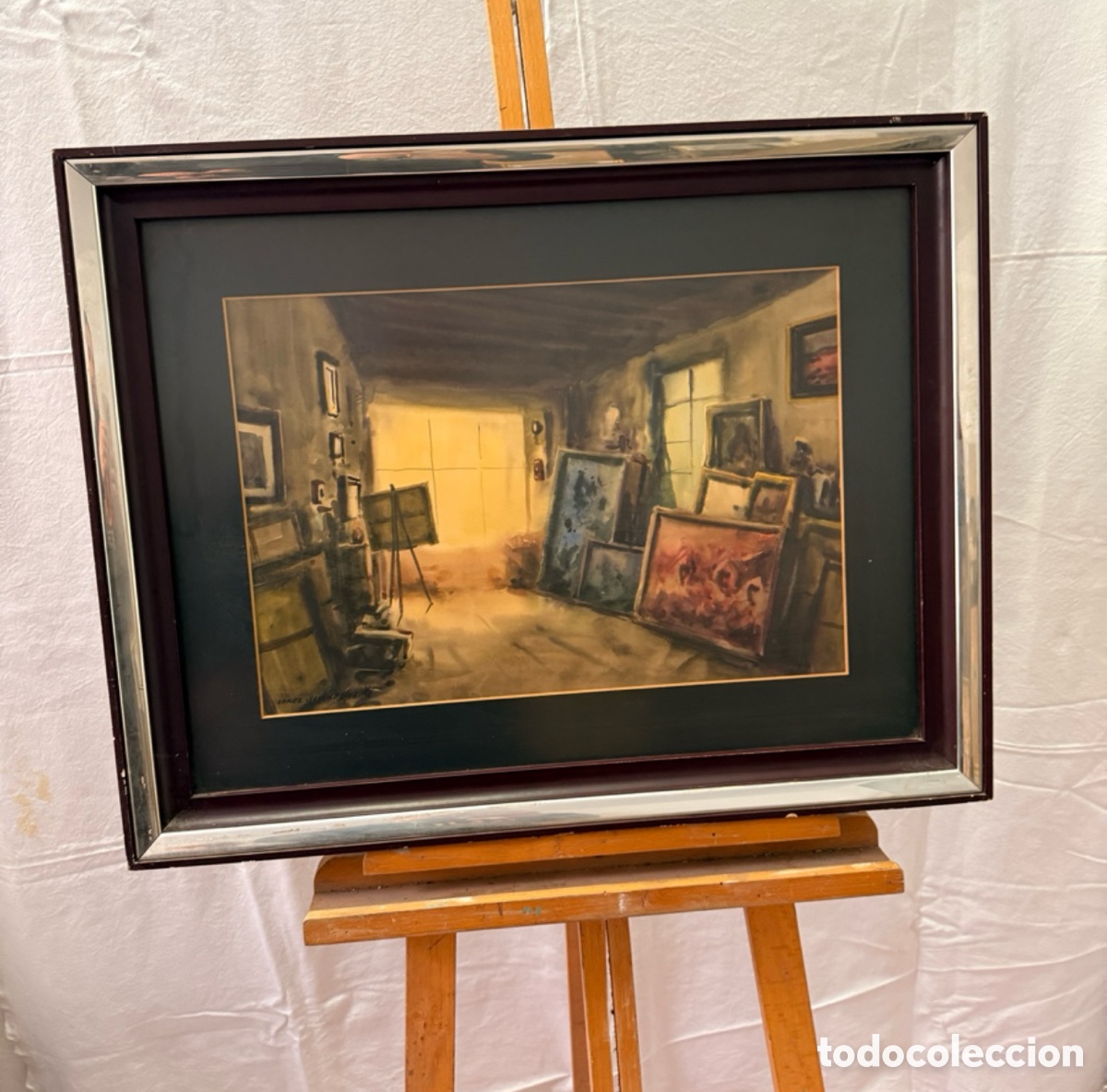 Arte: Enrique G&oacute;mez Sacanelles, Valencia 1936. Interior de estudio de pintor. Obra firmada.