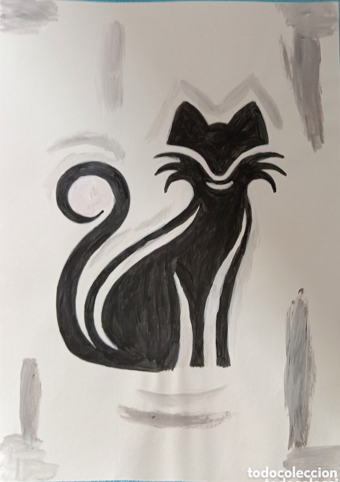 Art: Original pintura gato trazos (7) acuarela sobre papel doble 29,6cm x 21cm. Muy bonita