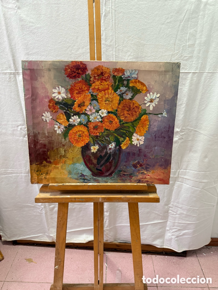 Kunst: Bodeg&oacute;n de flores &oacute;leo sobre lienzo firmado 1971 . leer descripci&oacute;n. Medidas(55X46cm).