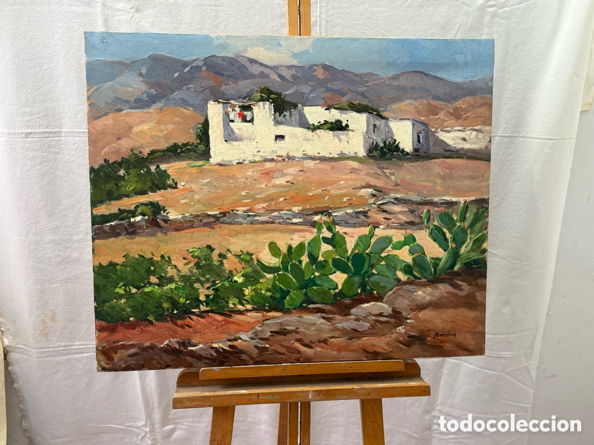 Kunst: Salvador Baliellas Oliva (Vic, Barcelona, 1932) paisaje mediterr&aacute;neo con casa blanca, &oacute;leo