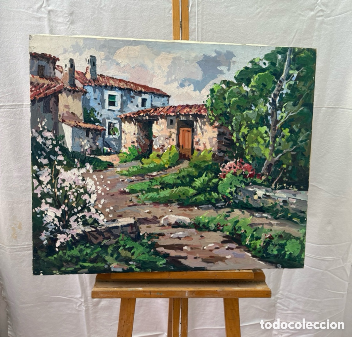 Kunst: Salvador Baliellas Oliva (Vic, Barcelona, 1932) paisaje de pueblo mediterr&aacute;neo, &oacute;leo