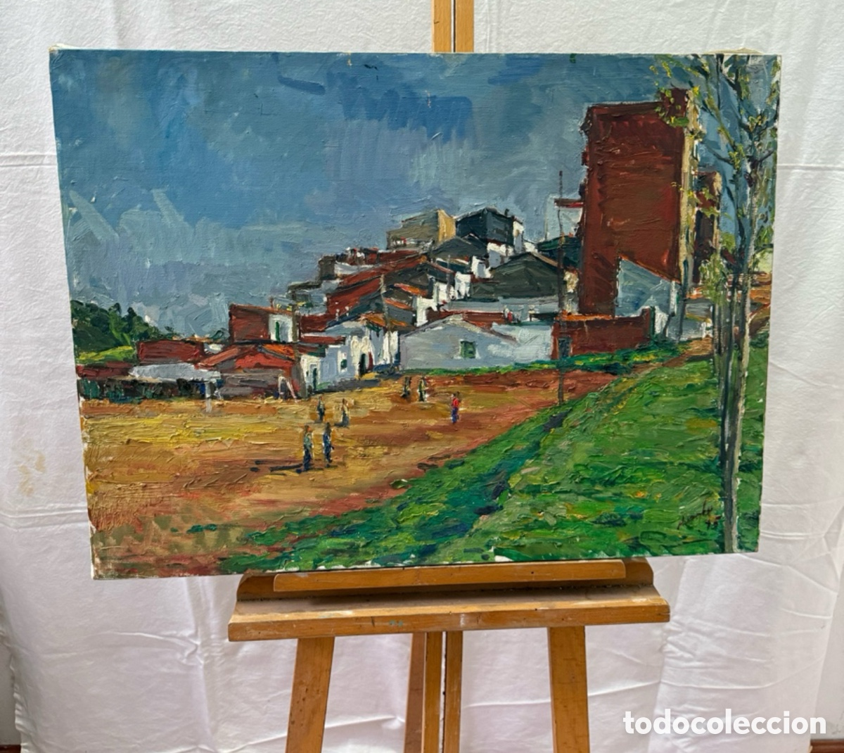 Kunst: Salvador Baliellas Oliva (Vic, Barcelona, 1932) paisaje de pueblo mediterr&aacute;neo con figuras, &oacute;leo