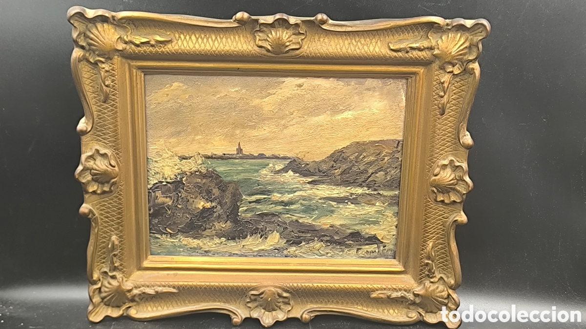 Arte: &Oacute;leo sobre tabla marina siglo XIX &ndash; firmado (firma sin identificar) &ndash; marco antiguo tallado