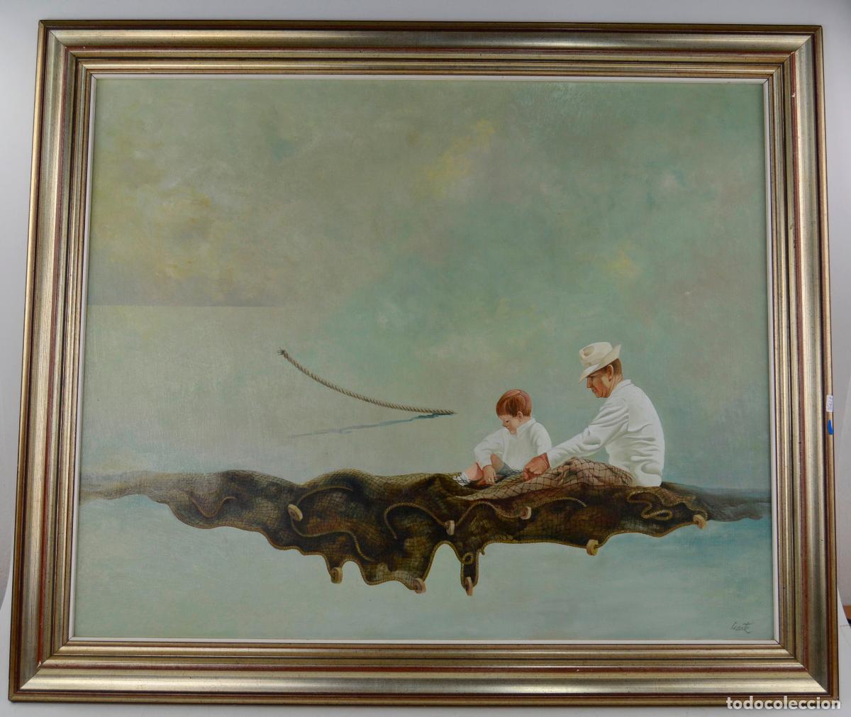 Arte: Bartolom&eacute; Liarte Aparicio, puerto on&iacute;rico con pescadores, pintura al &oacute;leo sobre tela, firmada.