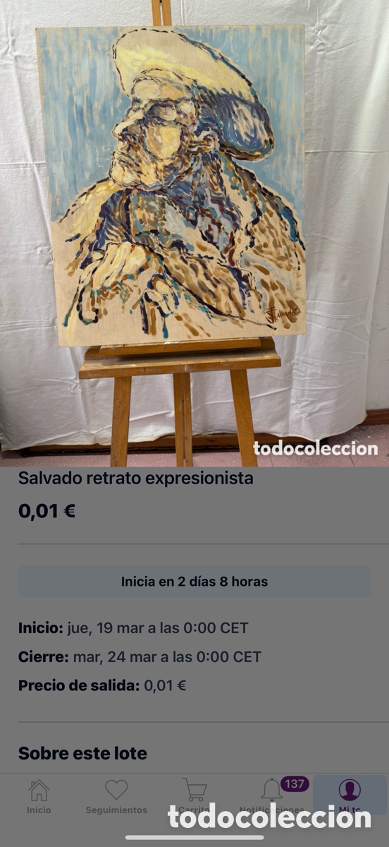 Arte: Home gran &oacute;leo sobre tablex firmado J. Salvado retrato expresionista