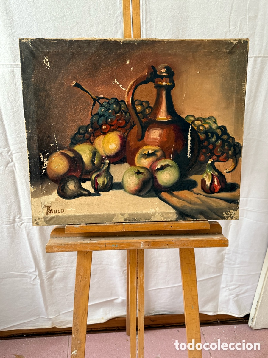Kunst: Bodeg&oacute;n con uvas y jarra. &Oacute;leo sobre lienzo firmado . Escuela espa&ntilde;ola . (55X46cm).